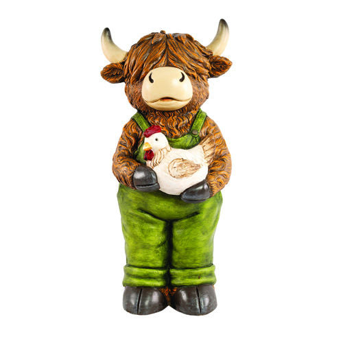 Garden Ornament Highland Cow Holding a Chicken