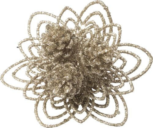Christmas Pick Glitter Leaf with Cones - Champagne
