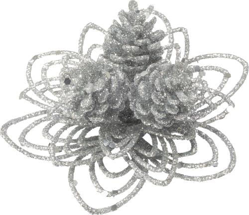 Christmas Pick Glitter Leaf with Cones - Silver