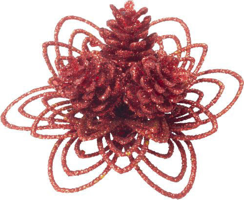 Christmas Pick Glitter Leaf with Cones - Red