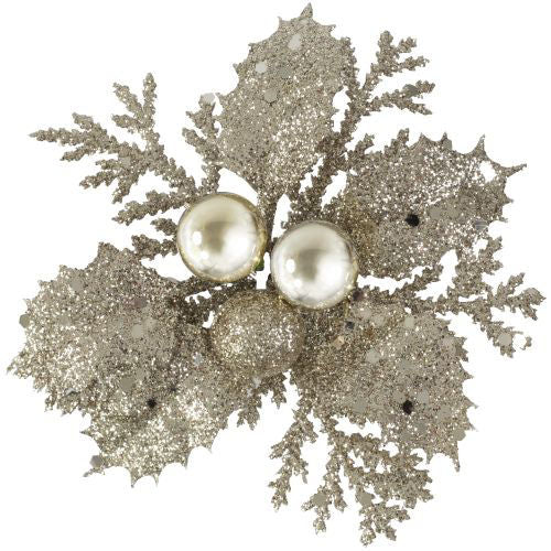 Christmas Pick Glitter Holly with Baubles - Champagne