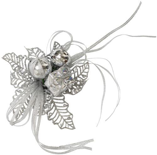 Christmas Pick Holly with Bell/Silk Ball/Gift Box - Silver