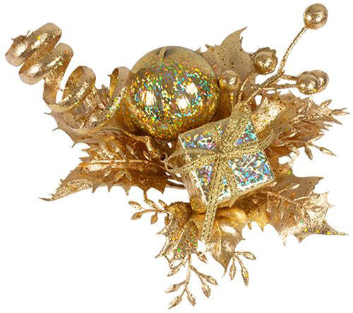 Christmas Pick Holly with Silk Ball Gift Box & Berries - Gold