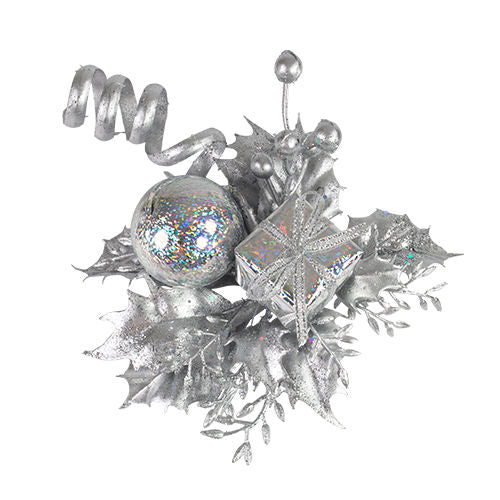 Christmas Pick Holly with Silk Ball, Gift Box & Berries - Silver