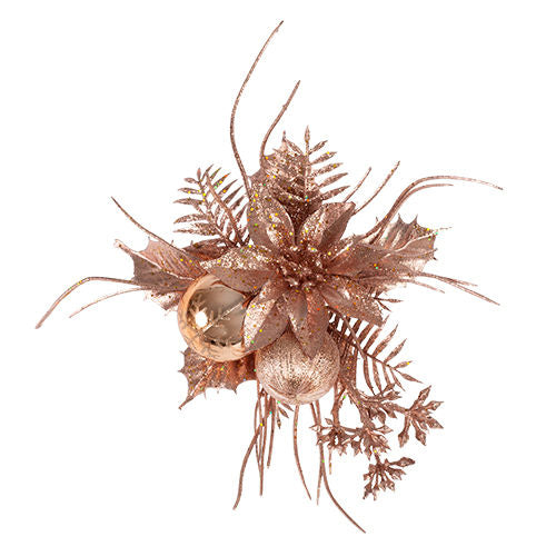 Christmas Pick Holly & Fern with Poinsettia & Grass - Rose Gold
