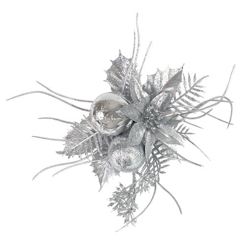 Christmas Pick Holly & Fern with Poinsettia & Grass - Silver