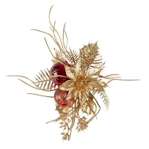 Christmas Pick Holly & Fern with Poinsettia & Grass - Red/Gold