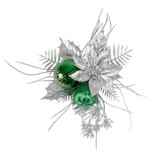 Christmas Pick Holly & Fern with Poinsettia & Grass - Green/Silver