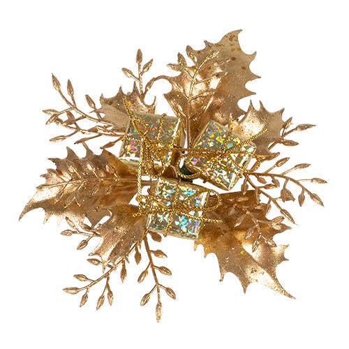Christmas Pick Holly & Fern with Gift Box - Gold