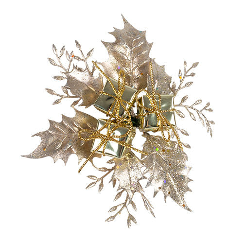 Christmas Pick Holly & Fern with Gift Box - Champagne