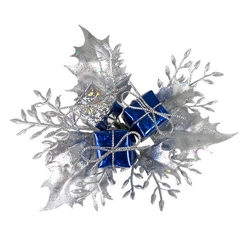 Christmas Pick Holly & Fern with Gift Box - Blue/Silver