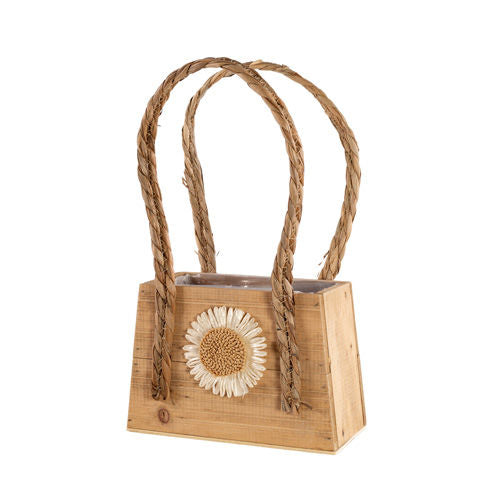 Wooden Planter Handbag with Flower 14.5cm