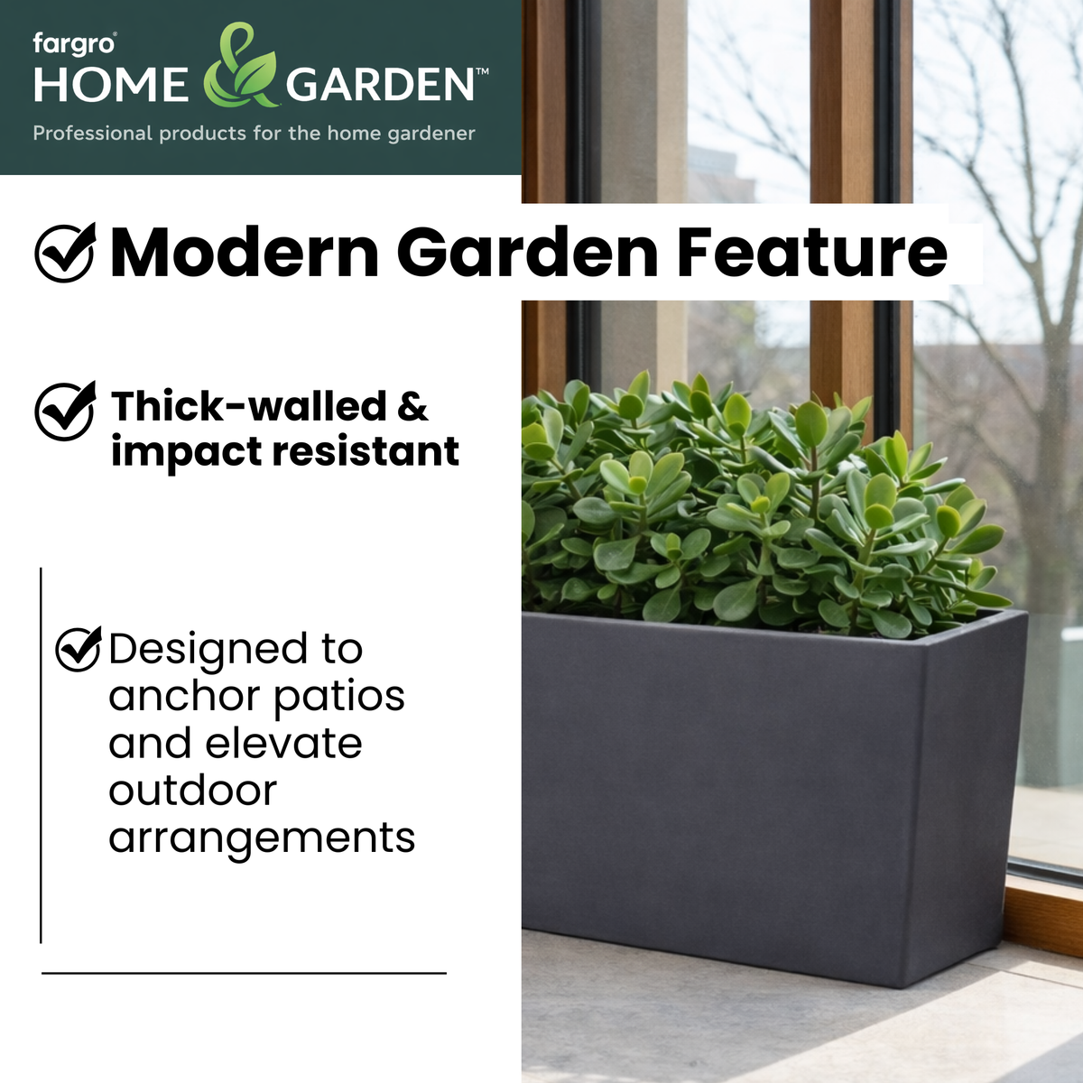 Tapered Rectangular Polystone Trough Planter with Drainage Hole - Large Outdoor Plant Pot
