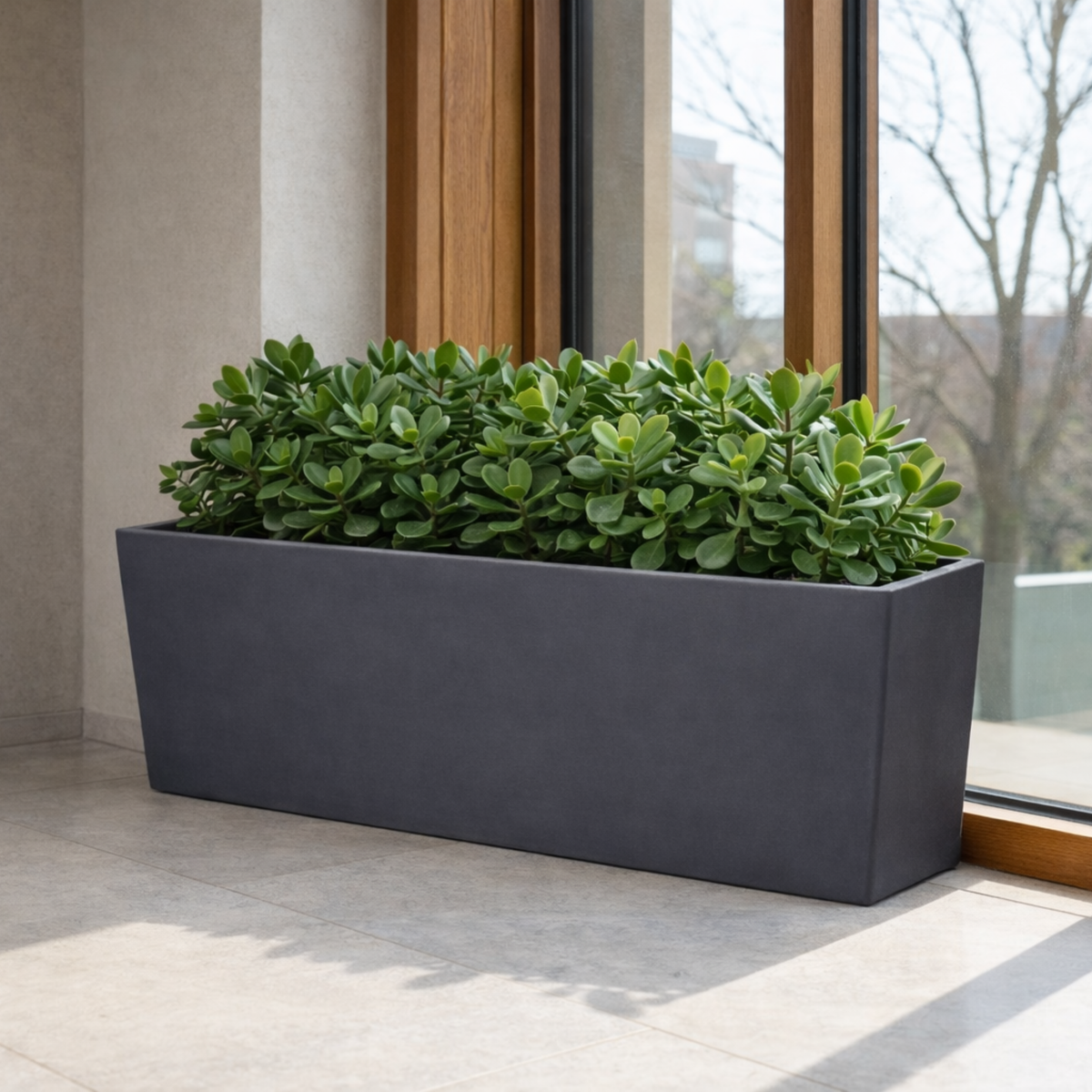 Tapered Rectangular Polystone Trough Planter with Drainage Hole - Large Outdoor Plant Pot