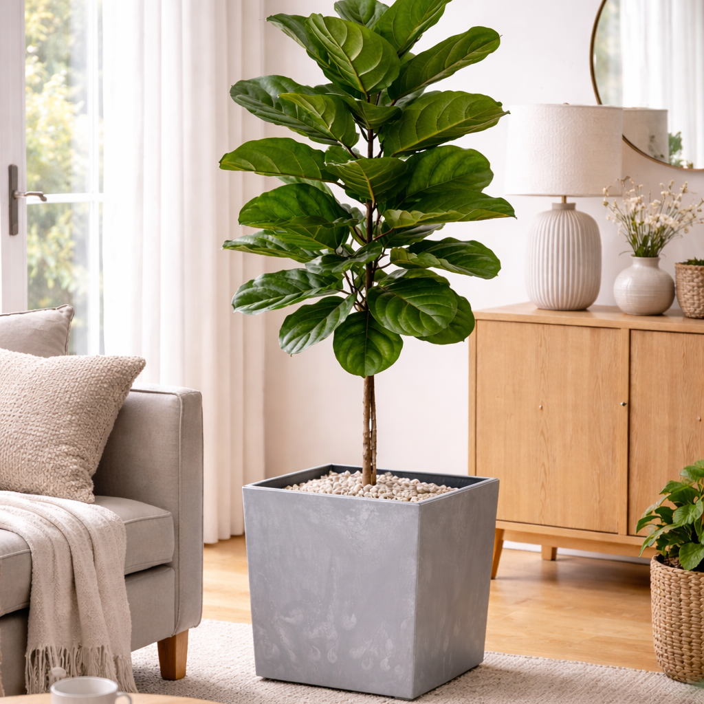 Lamela Concrete™ Yukka Stone Square Planter, Poly Resin Plant Pot With Removable Liner