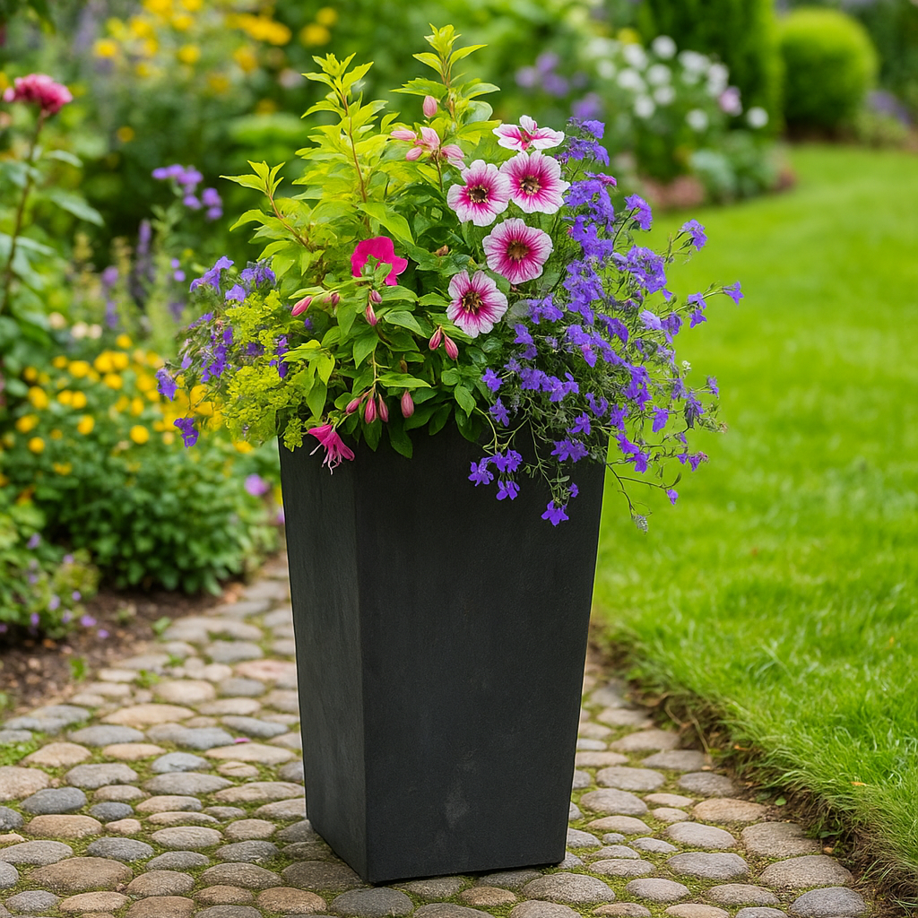 Lamela Concrete™ Finesse Tall Stone Planter, Tapered Garden Plant Pot, Poly Resin Planter
