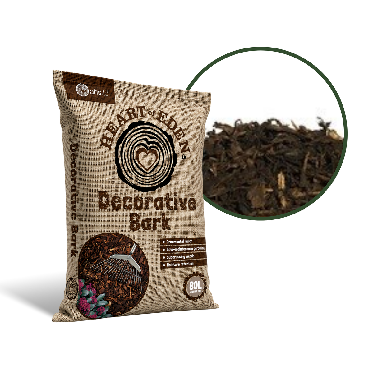 Heart of Eden Decorative Bark 80L Natural Garden Bark Mulch
