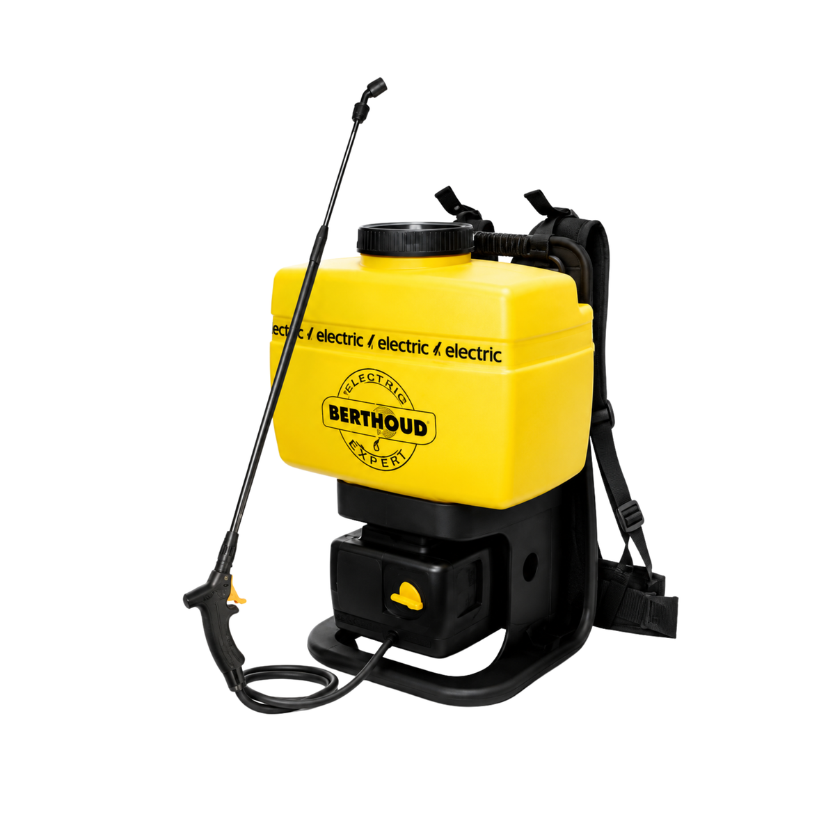 Yellow and black backpack sprayer with 'Berthoud' branding on a white background