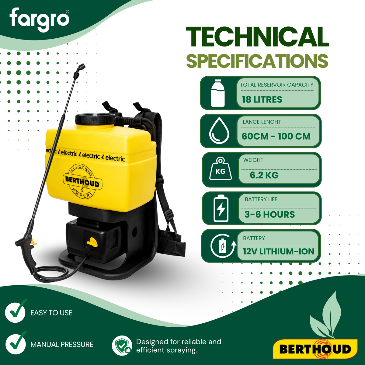 Yellow and black backpack sprayer with Berthoud branding on a white background, featuring technical specifications.