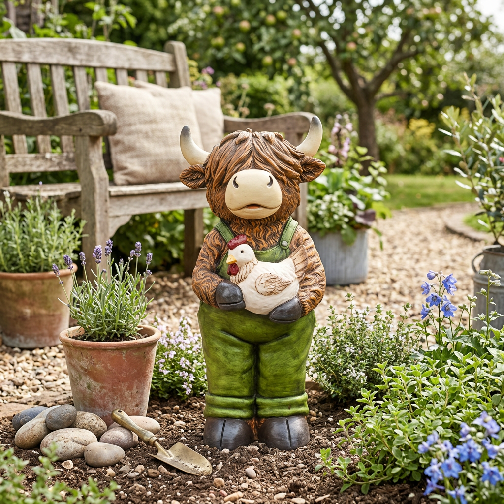 Garden Ornament Highland Cow Holding a Chicken