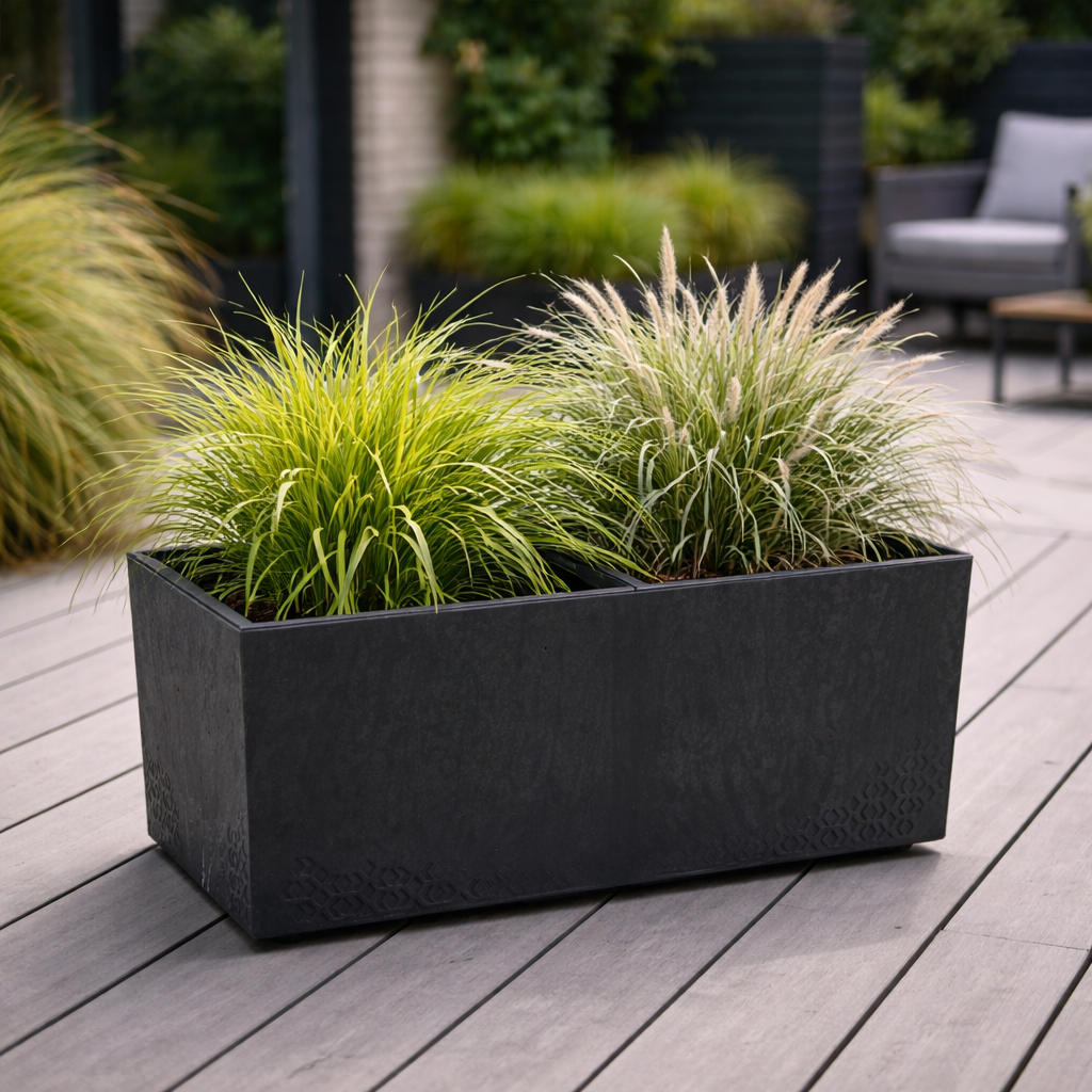 Lamela Concrete™ Karo Garden Stone Planter, Poly Resin Trough Plant Pot with Coaster Wheels