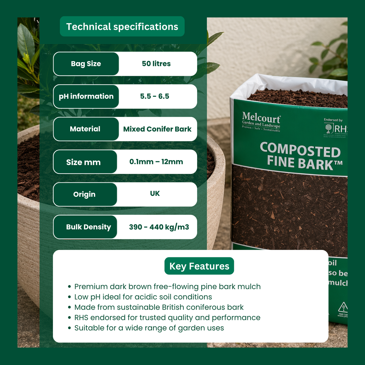 Melcourt Composted Fine Bark™ Bulk Pallet, Peat-Free Soil Conditioner and Fine Mulch 0–12mm, 50L x 60 Bags