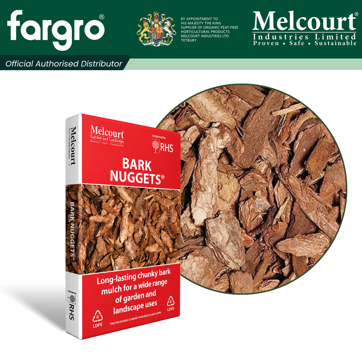 Melcourt Bark Nuggets®, Chunky Decorative Garden Mulch for Landscaping and Borders, 60L