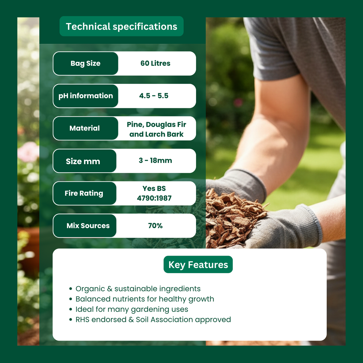 Melcourt Pine Mini Bark Chips™, Fine Decorative Pine Bark Mulch for Pots, Borders and Containers, 60L