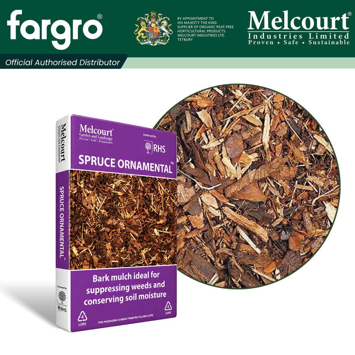 Melcourt Spruce Ornamental™ Bark Mulch, Decorative Coloured Conifer Bark for Landscaping and Containers, 60L