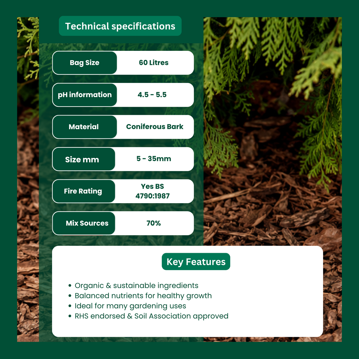 Melcourt Spruce Ornamental™ Bark Mulch, Decorative Coloured Conifer Bark for Landscaping and Containers, 60L