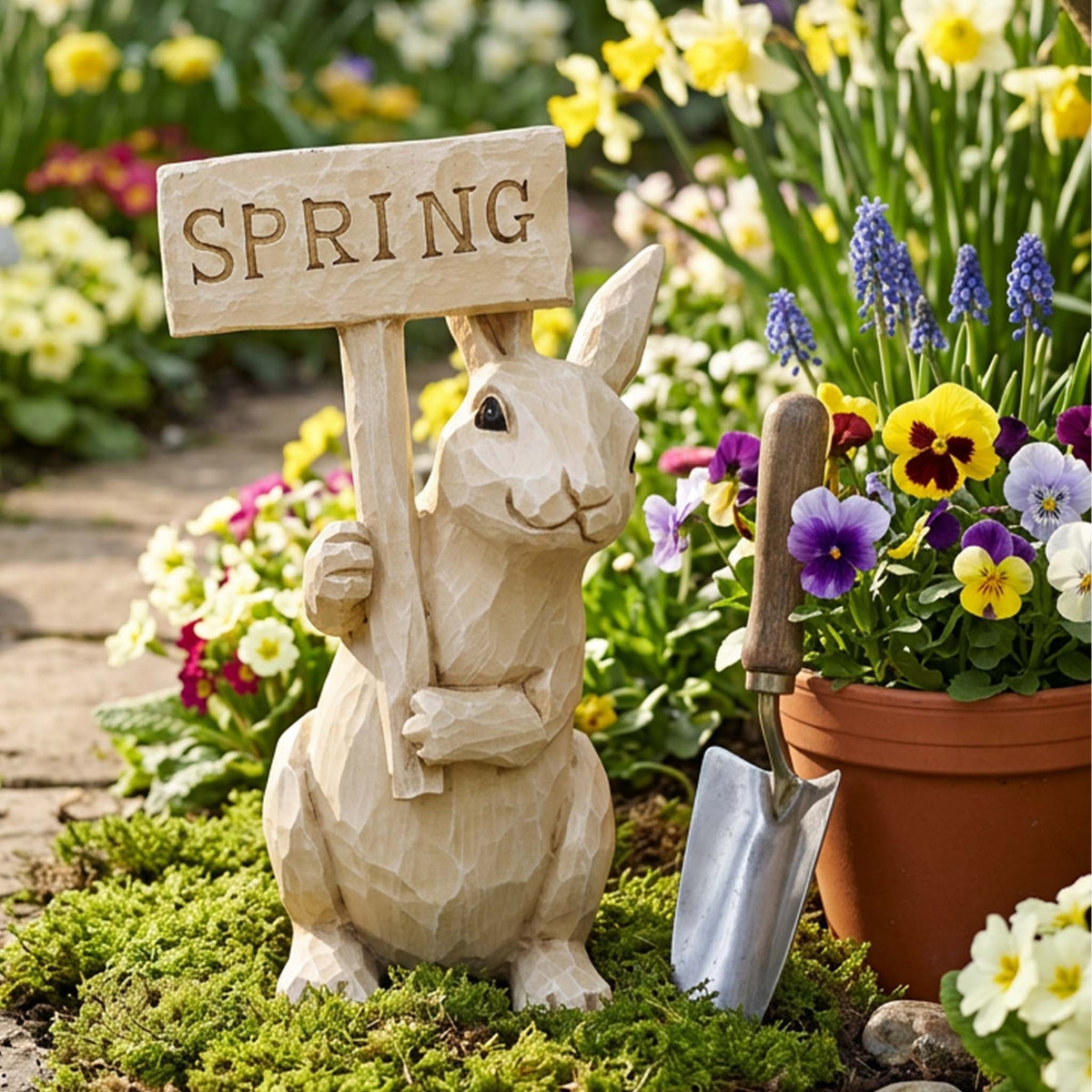 Garden Ornament Rabbit with Spring Sign