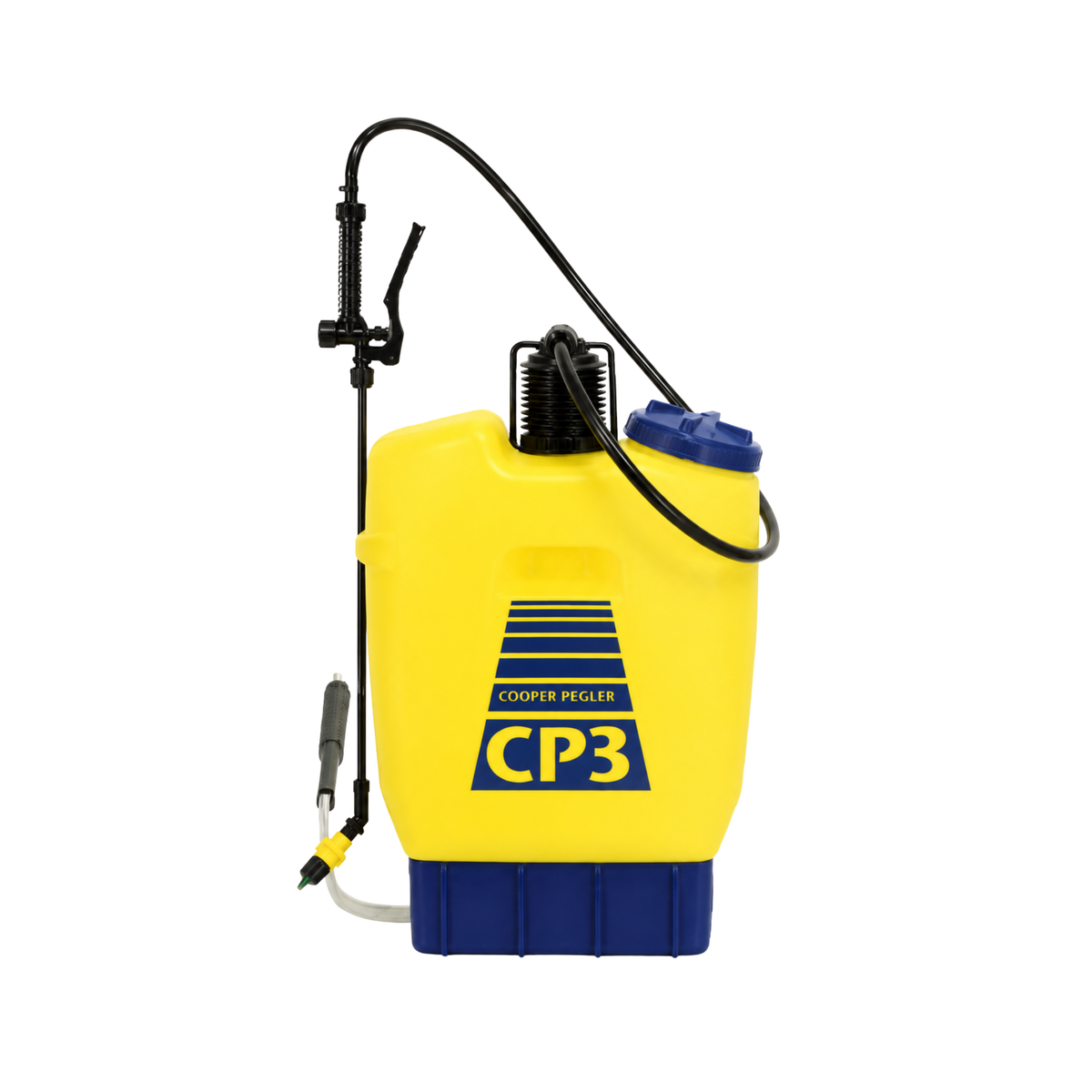 Yellow and blue backpack sprayer with 'Cooper Pegley CP3' branding on a white background
