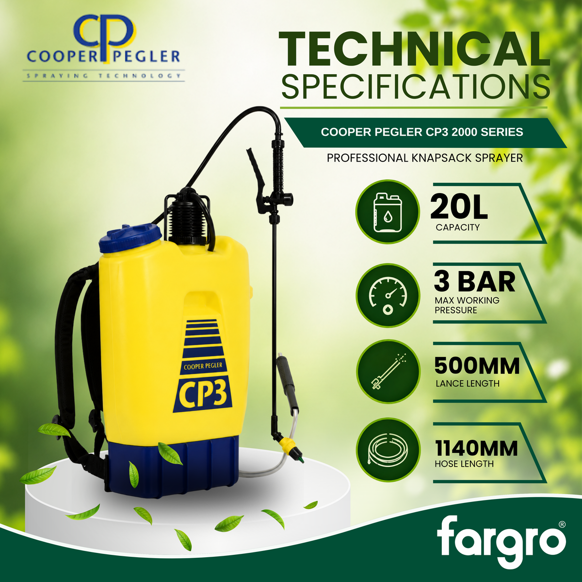 Cooper Pegler CP3 2000 Series professional knapsack sprayer with technical specifications on a green background.