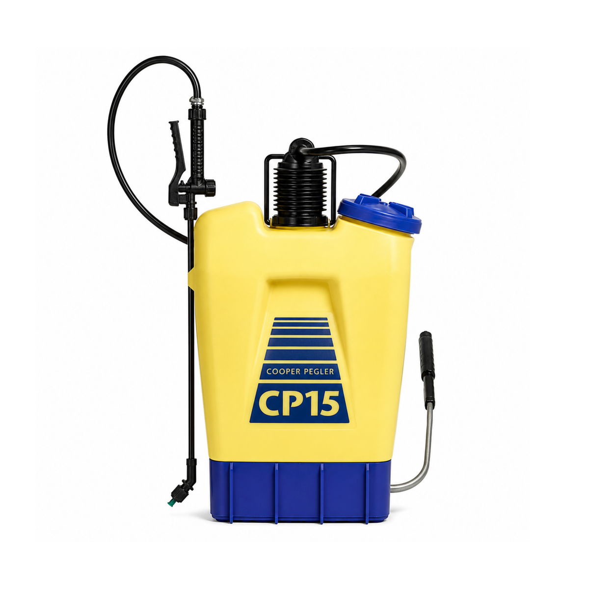 Yellow and blue backpack sprayer with 'Cooper Pegler' branding on a white background