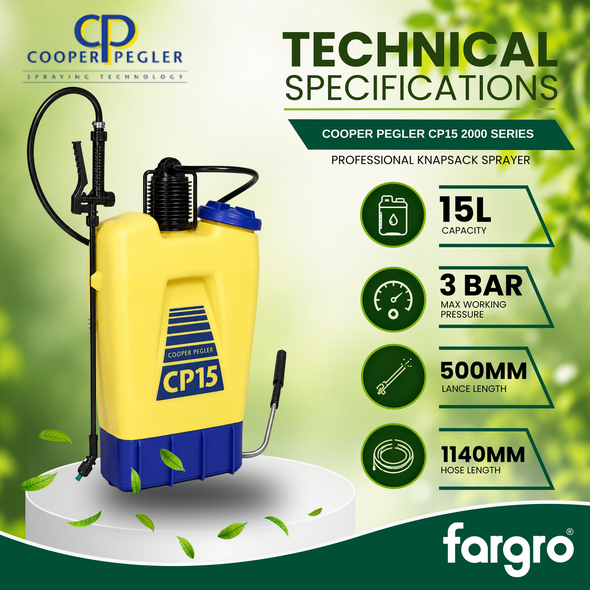 Cooper Pegler CP15 knapsack sprayer with technical specifications on a green background