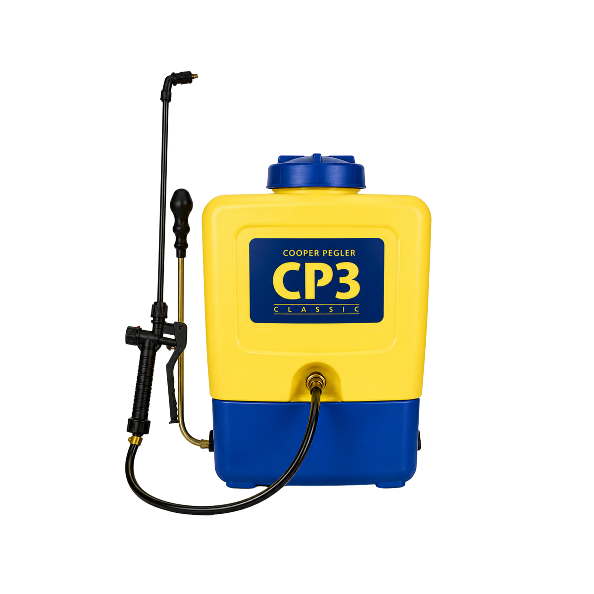 Yellow and blue backpack sprayer with Cooper Pegler branding on a white background