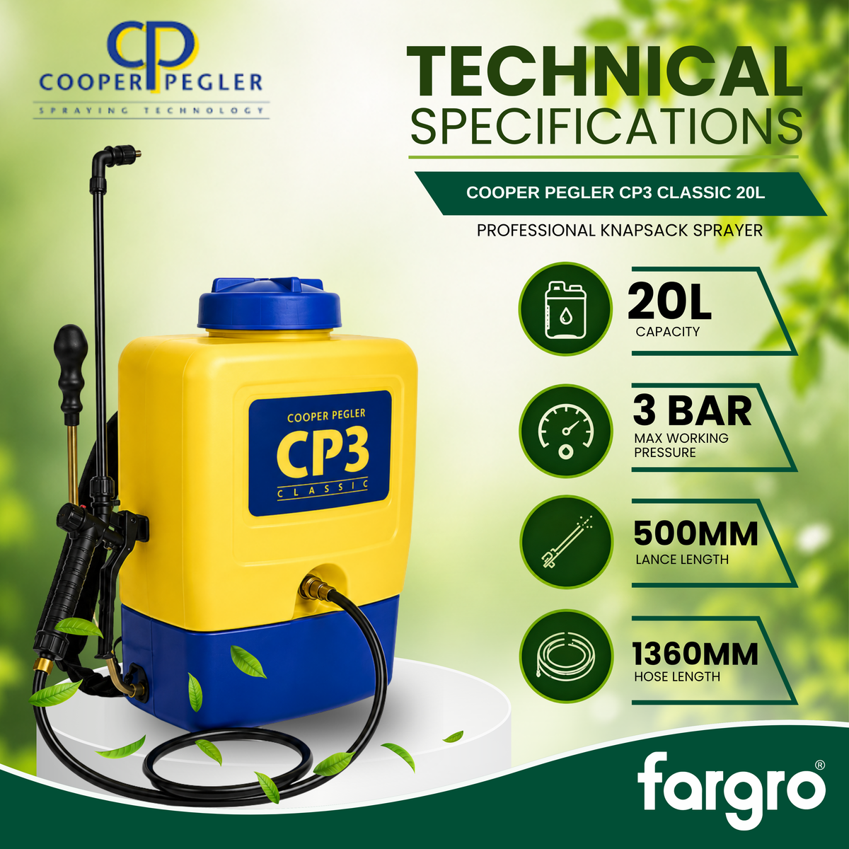 Cooper Pegler CP3 Classic 20L knapsack sprayer with technical specifications on a green background