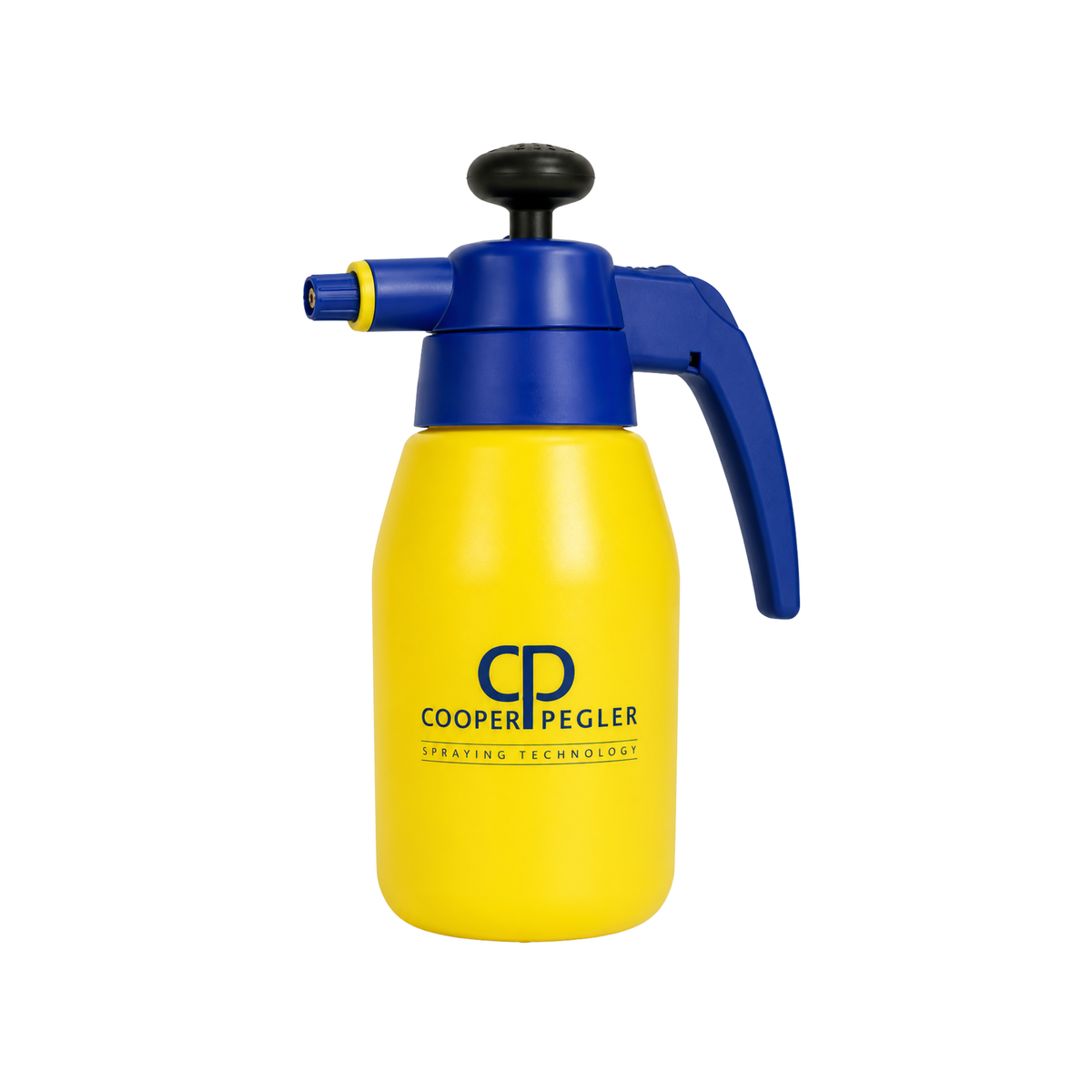 Yellow handpump spray bottle with blue nozzle and handle on a white background, featuring Cooper Pegler logo.