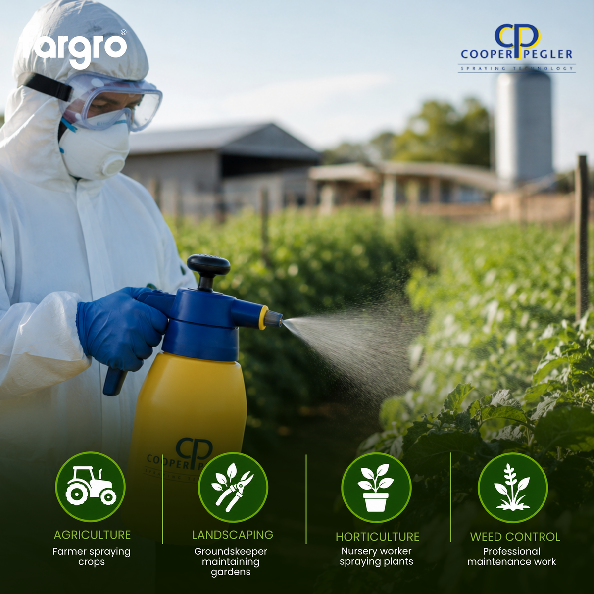 Person in protective gear using a spray bottle in a field with Cooper Pegler branding.