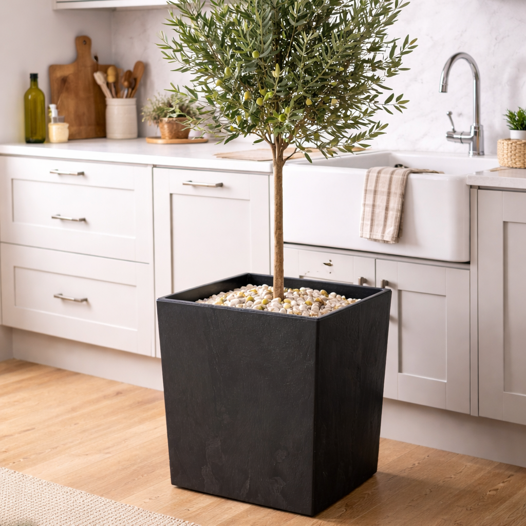 Lamela Concrete™ Yukka Stone Square Planter, Poly Resin Plant Pot With Removable Liner