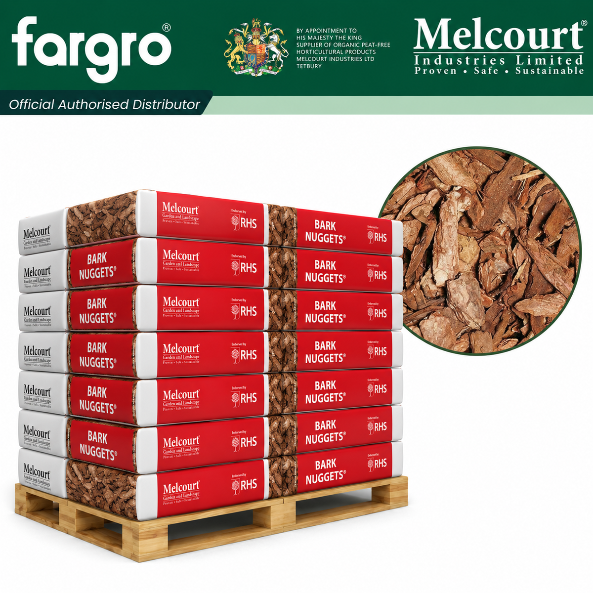 Melcourt Bark Nuggets® Bulk Pallet, Premium Large Pine Bark Mulch 15–65mm, 50 x 60L Bags