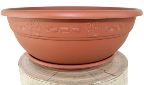 Andromeda Round Bowl Planter D28 H11.3cm, 4L, Faux Terracotta PP Recycled Resin Outdoor Garden Planter, Greek Key Design, with Saucer Attached