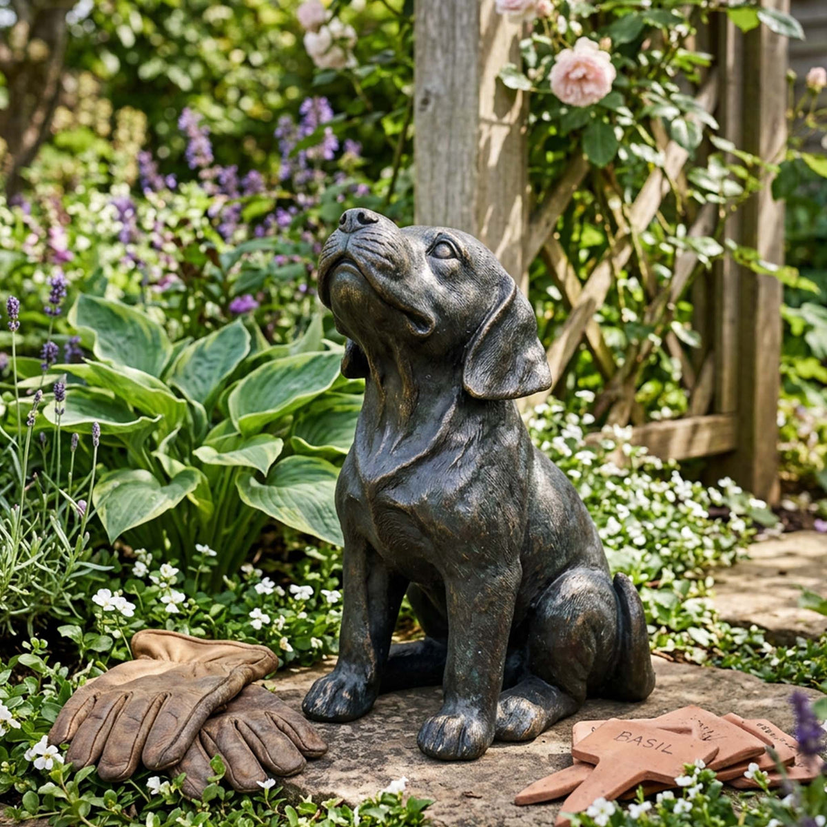 Garden Ornament Bronze Look Dog Looking Up