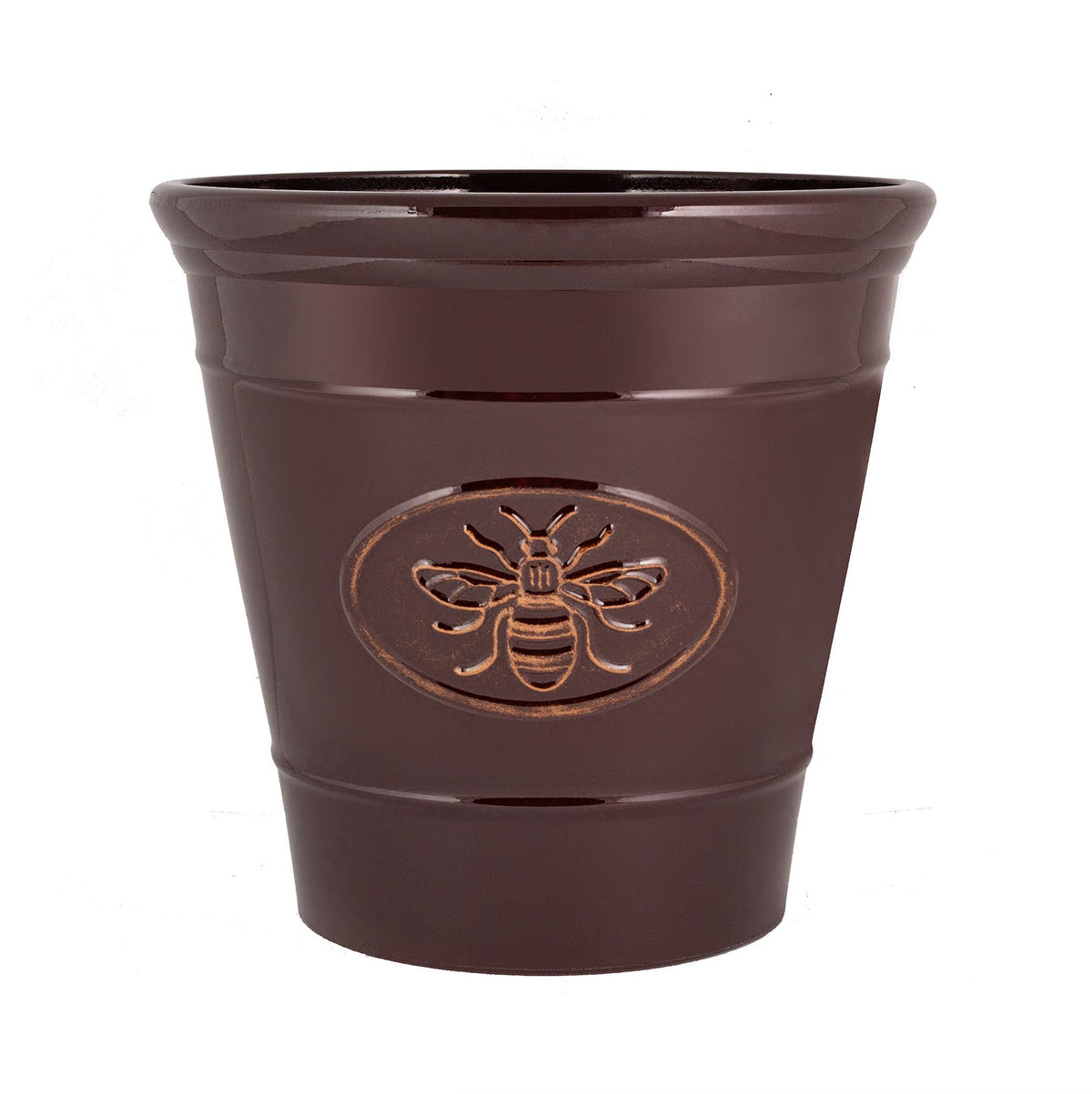 Embossed Bee Design D23 H23cm, 6L Glazed Effect Dark Brown Recycled Plastic Garden Planter, Outdoor Plant Pot