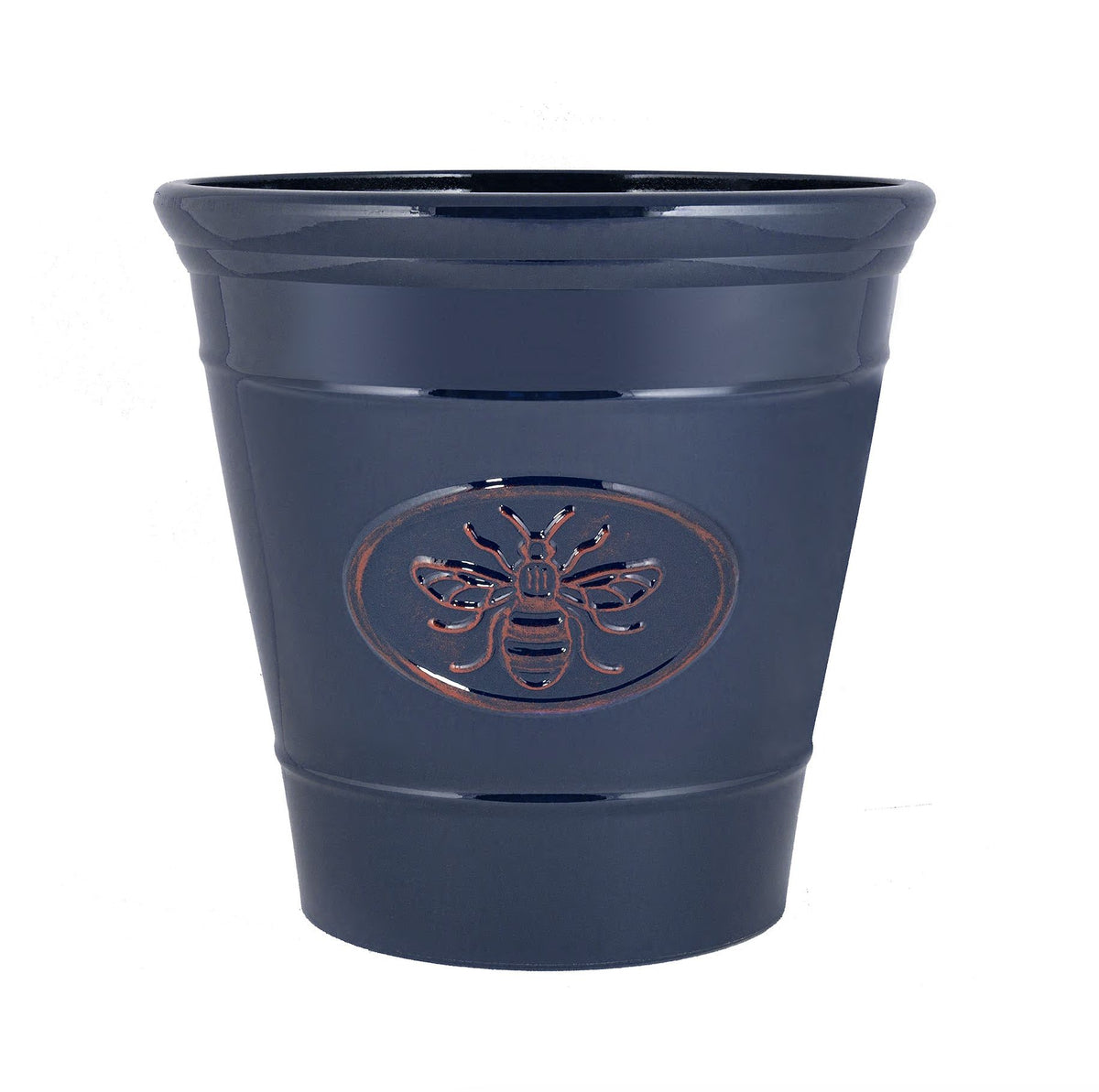 Embossed Bee Design D30 H30cm, 14L, Glazed Effect Dark Blue Recycled Plastic Garden Planter, Outdoor Plant Pot