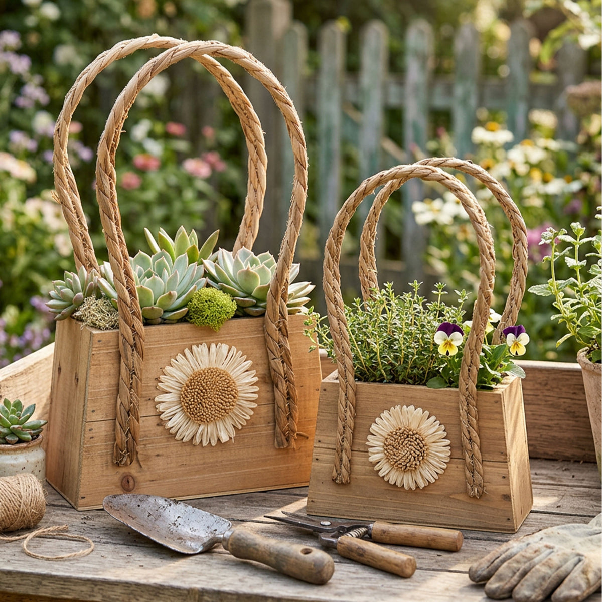 Wooden Planter Handbag with Flower 14.5cm