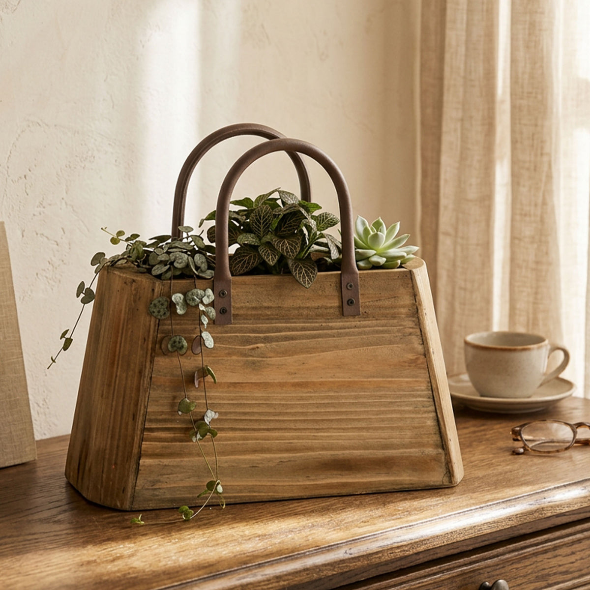 Wooden Planter Handbag Design with Metal Handle 26cm